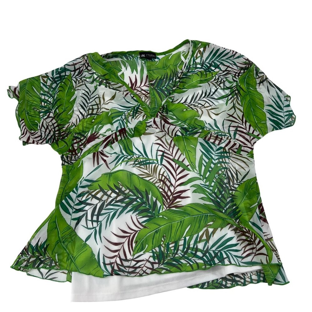 I.N. Studio Tropical Print Sheer Green Short Sleeves Layered Women's Size XL y2k